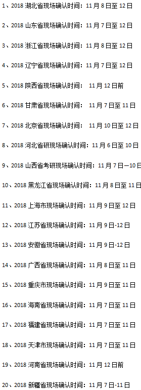 2018年各省硕士研究生现场确认时间表